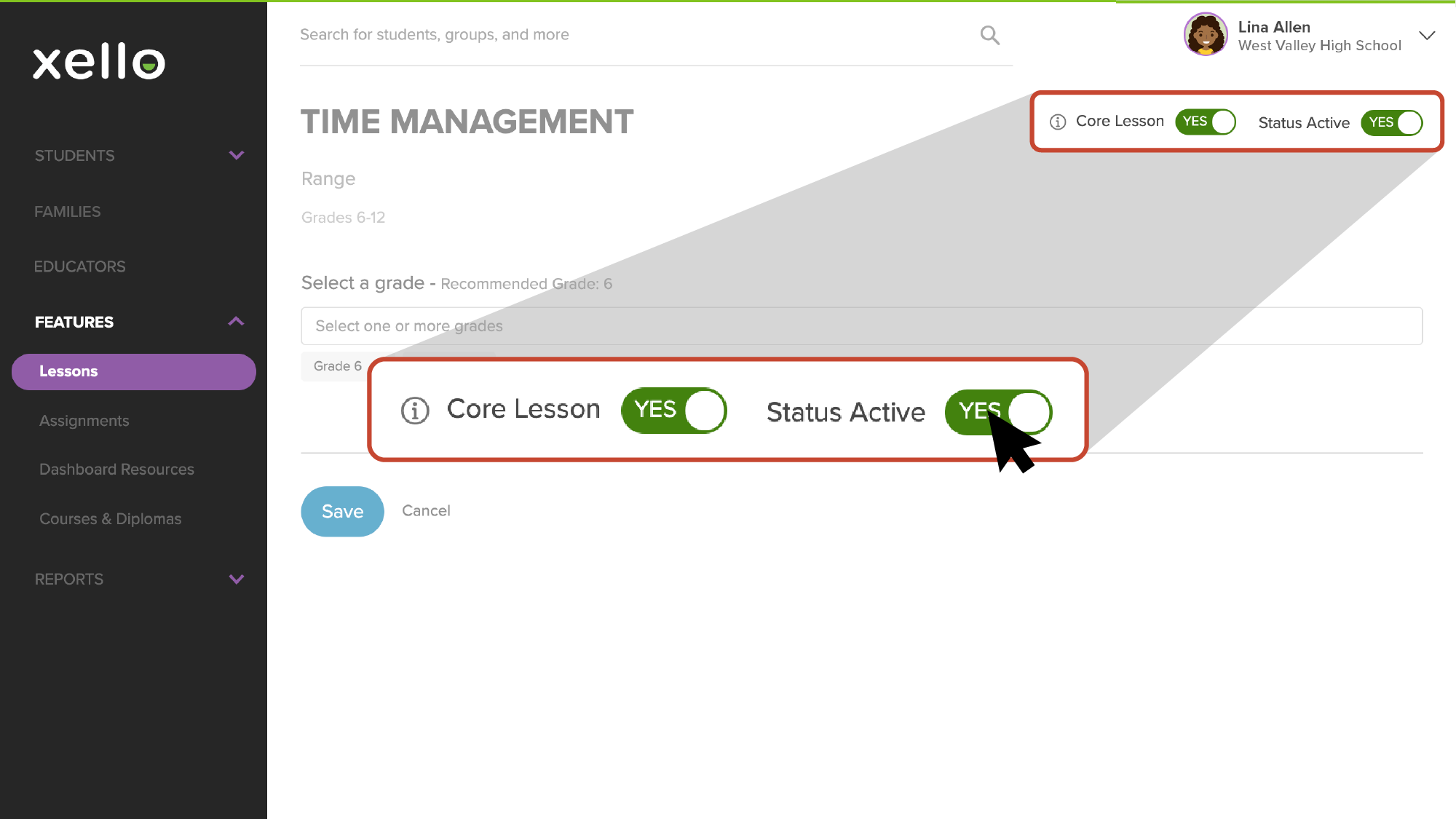 Lesson called Time Management in an educator account. Highlighted are Core Lesson and Status Active toggles. Both are switched to YES